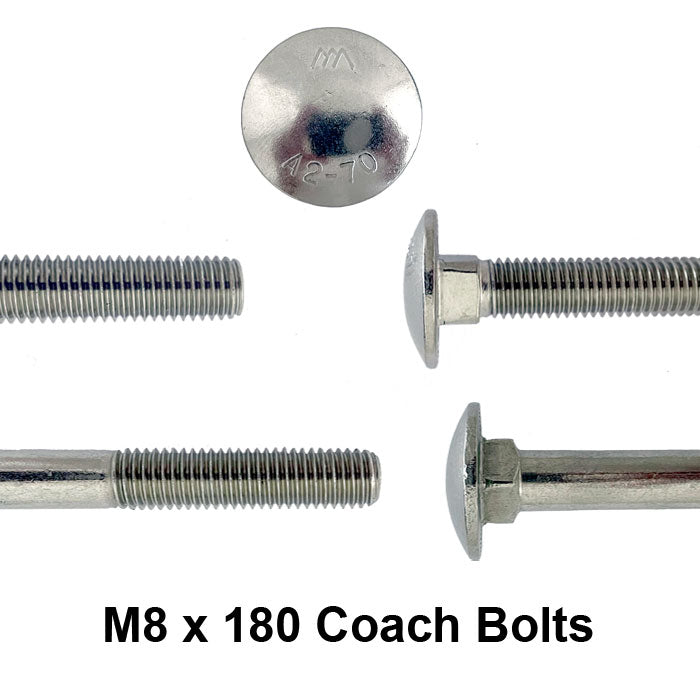 close up of m8 x 180 coach bolt