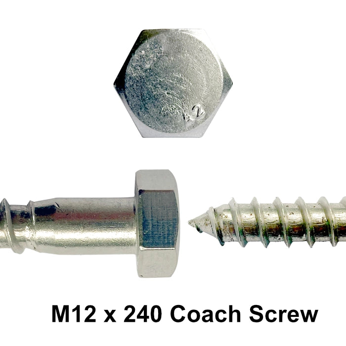 M12 x 240mm Coach Screw A2 Stainless Steel DIN 571