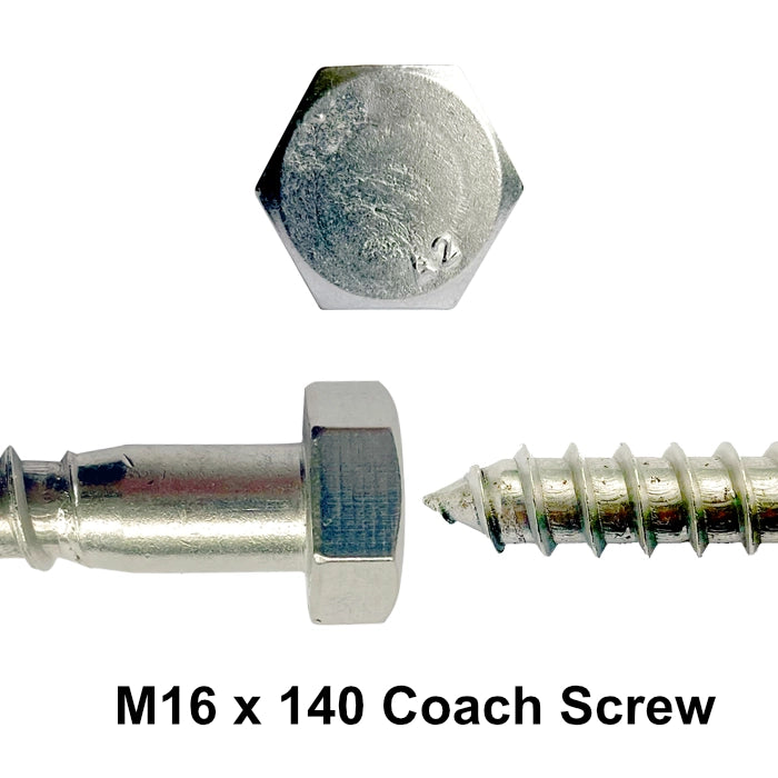M16 x 140mm Coach Screw A2 Stainless Steel DIN 571